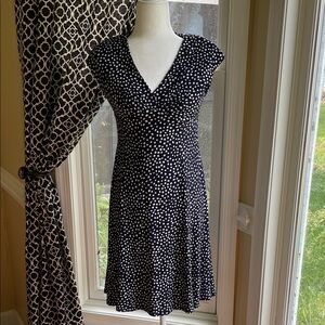 CHAPS Elegant Navy Blue and White Polka Dot Dress